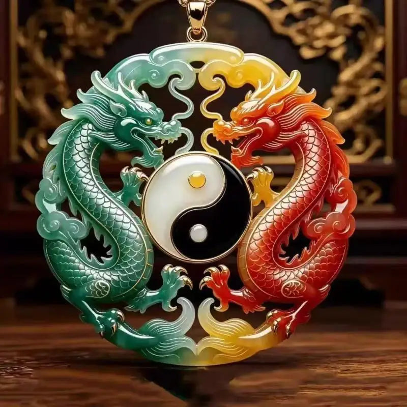 Blue Jade Gourd Dragon Pendant Necklace | Oriental Lucky Charm