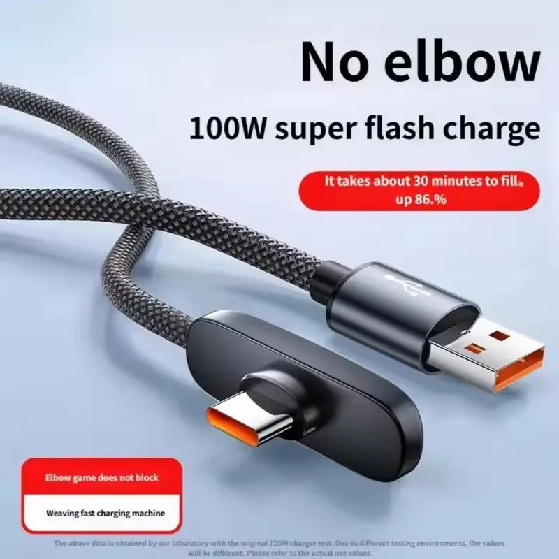 100W USB-A to USB-C Fast Charging Cable – 90° Right-Angle Braid