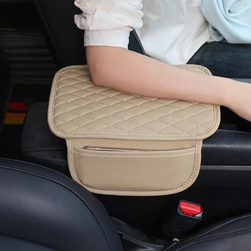 Universal Car Armrest Box Cover – Leather Console Cushion + Pocket