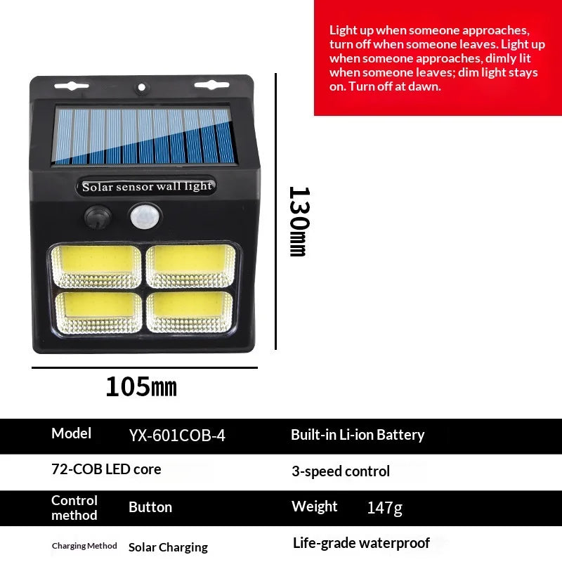 Solar Outdoor Wall Light – PIR Motion Sensor, 3 Modes, IP65