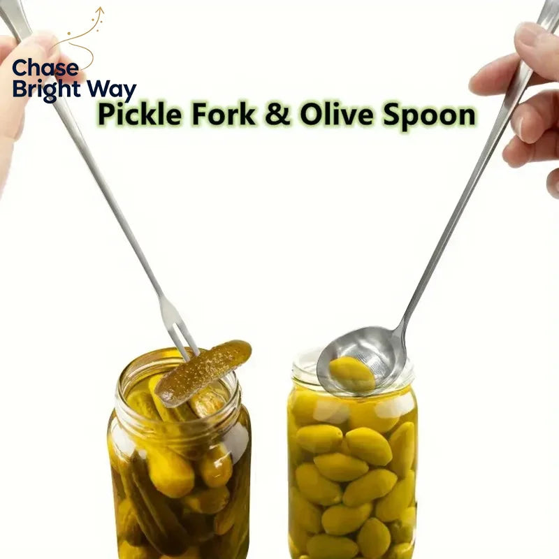 Stainless Steel Pickle Fork & Spoon Set – Long Handle Jar Grabber