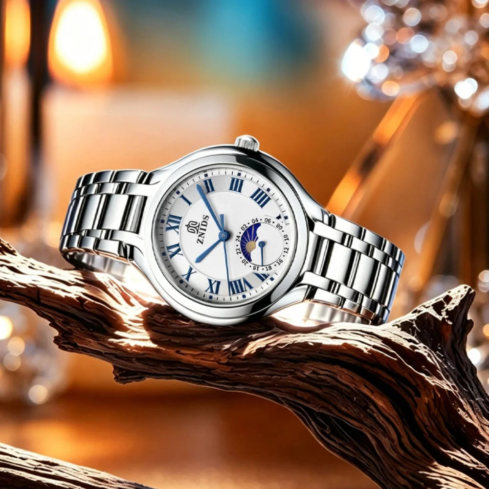 Women's Quartz Watch – Moon Phase Roman Numeral Steel Band