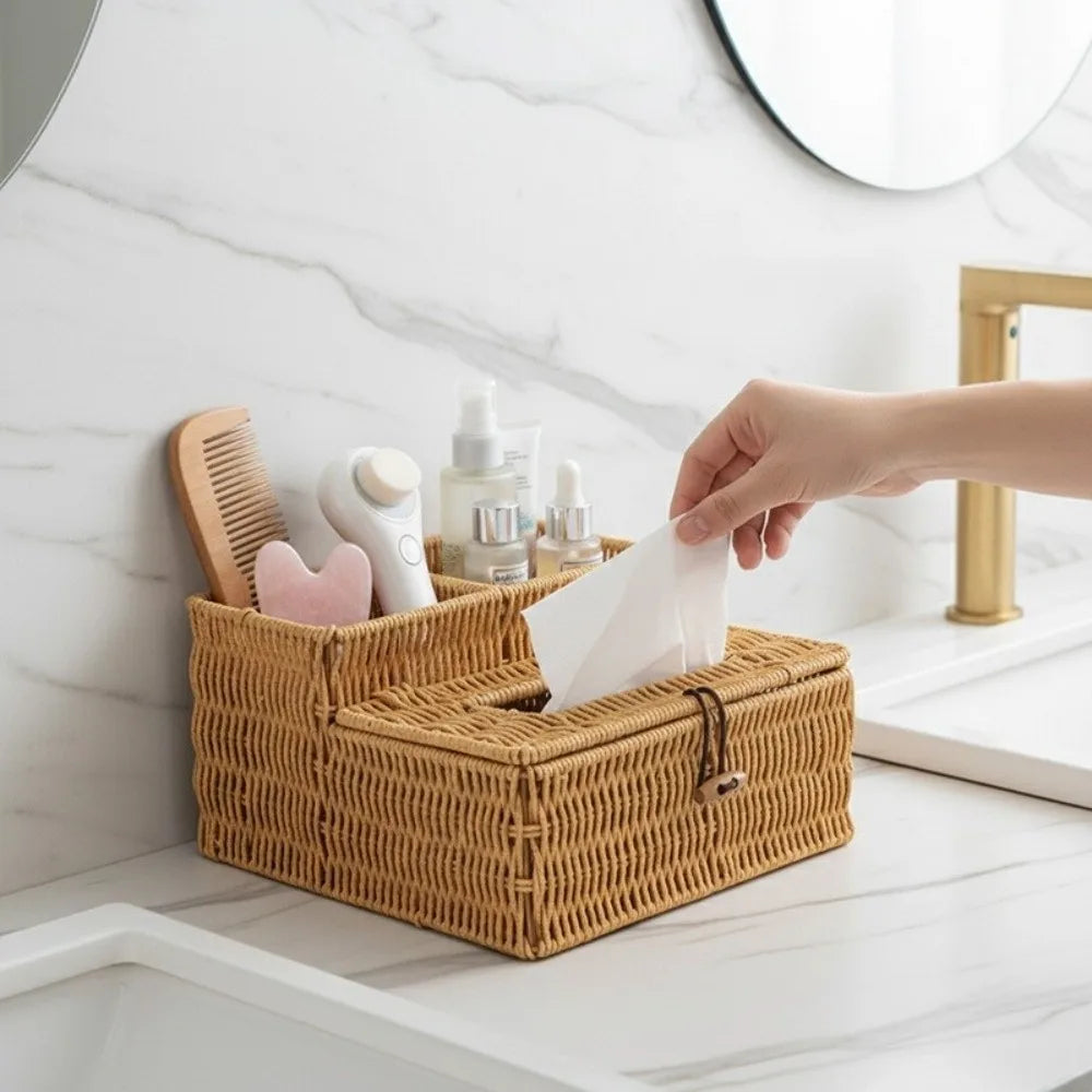Woven Tissue Box Organizer – Handmade Rattan Desktop Storage