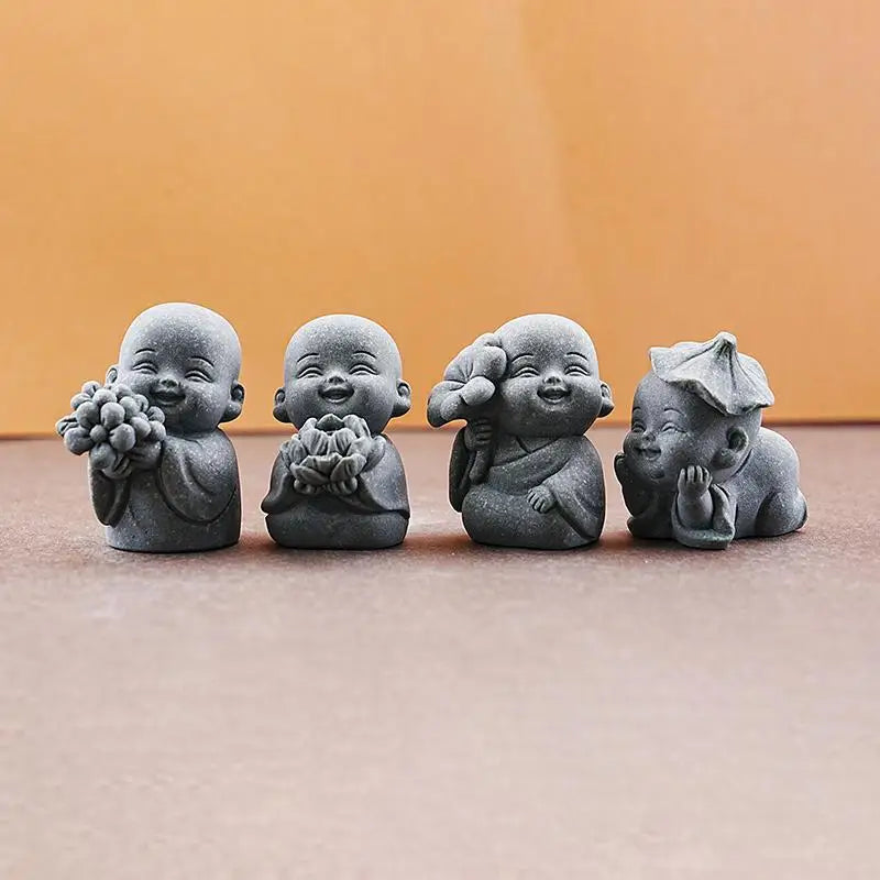 Zen Little Monk Statues – Resin Buddhist Figurines, 1 or 4 Pc