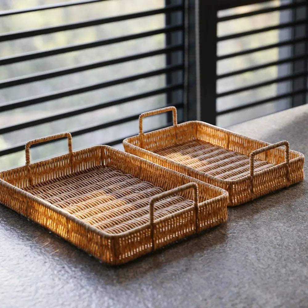 Wicker-Woven Plastic Serving Tray with Handles | M & L Sizes
