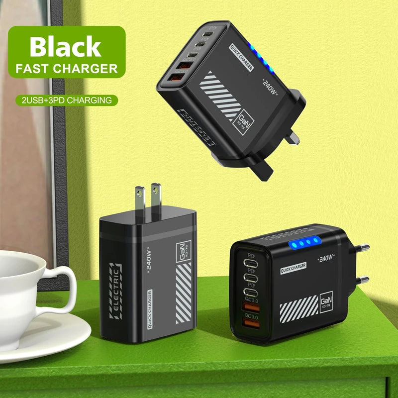 5-in-1 GaN Wall Charger 120W | 2 USB-A + 3 USB-C Fast Charge