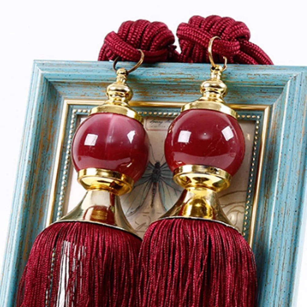 Tassel Fringe Curtain Tiebacks with Jade Pendant – Set of 2