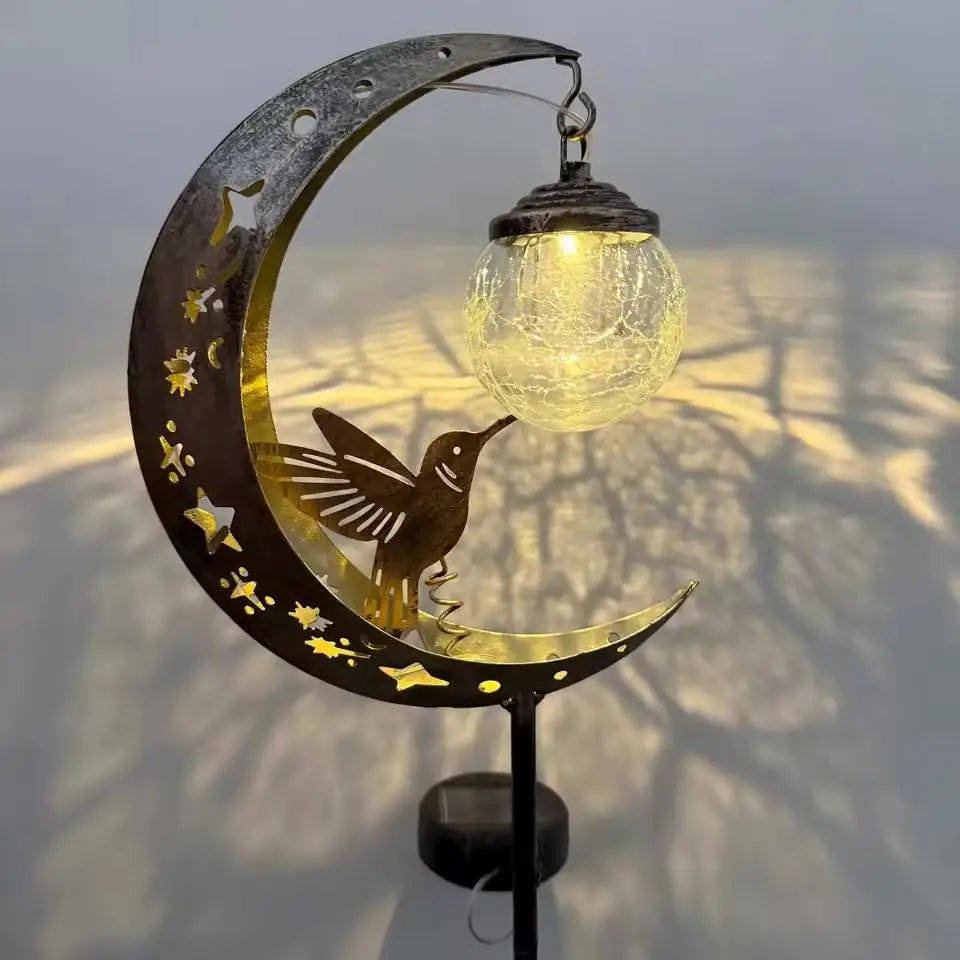 Solar Hummingbird Moon Stake Light | Crackle Glass Garden Lamp