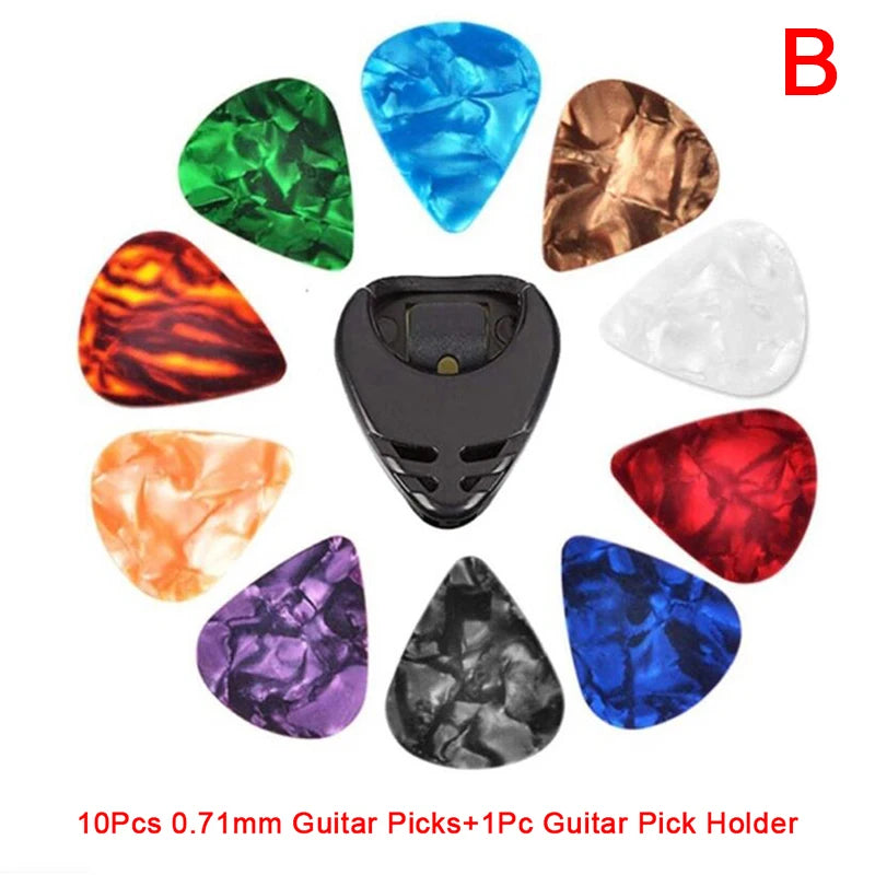 10-Pack Celluloid Guitar Picks with Holder – 3 Thickness Options