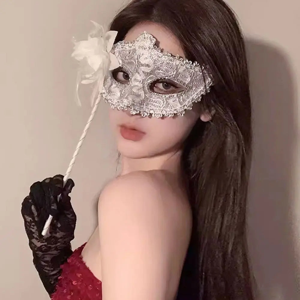 Venetian Handheld Masquerade Mask – White Lace & Feather