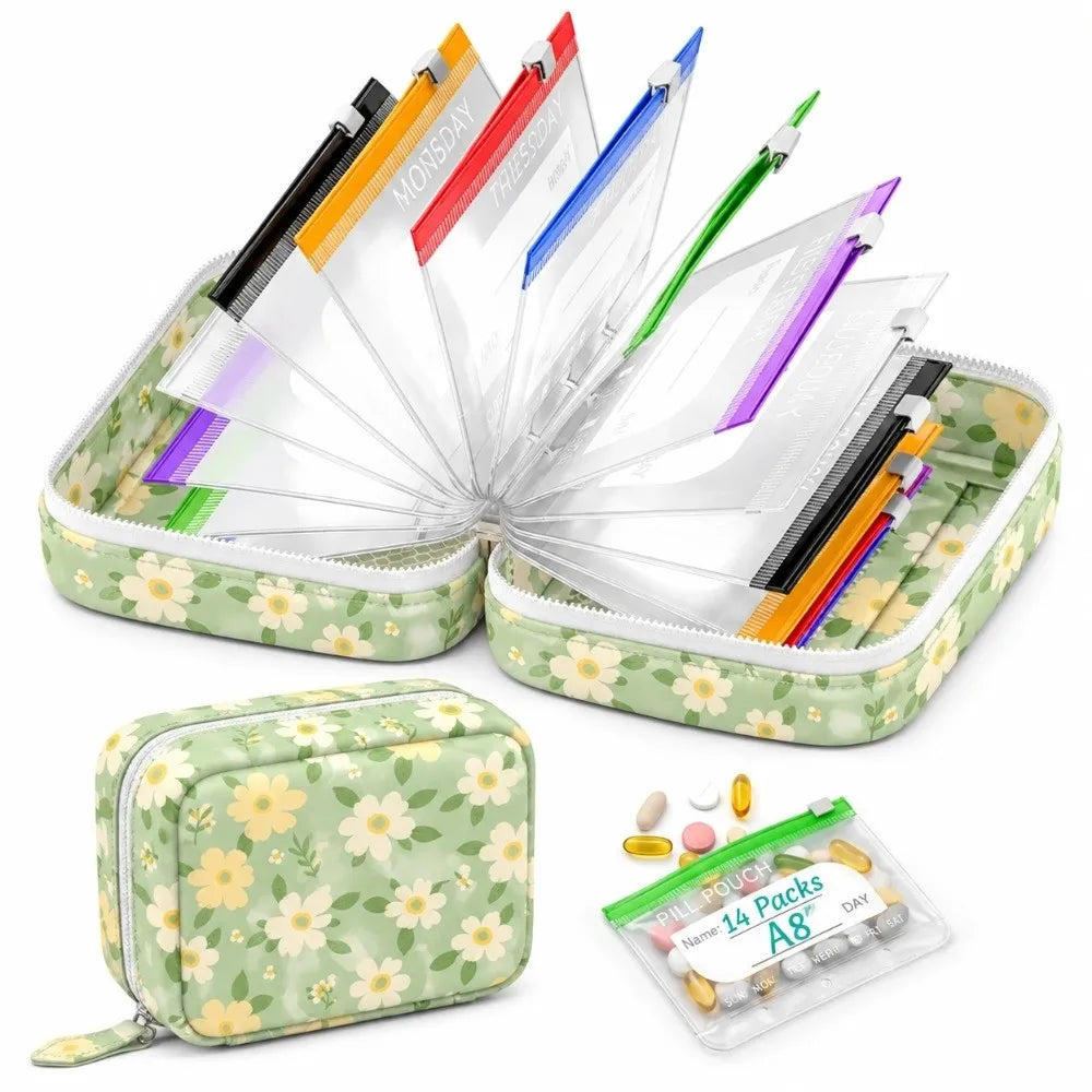 BPA-Free Weekly Pill Organizer – 14 Zippered Pouches Travel Case
