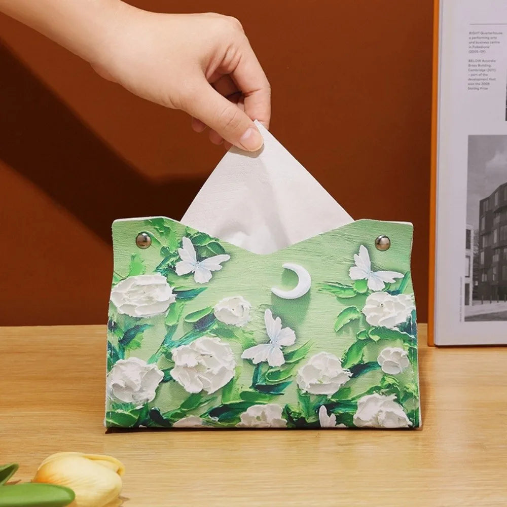 Vintage PU Leather Tissue Box Cover – Oil Painting Decor