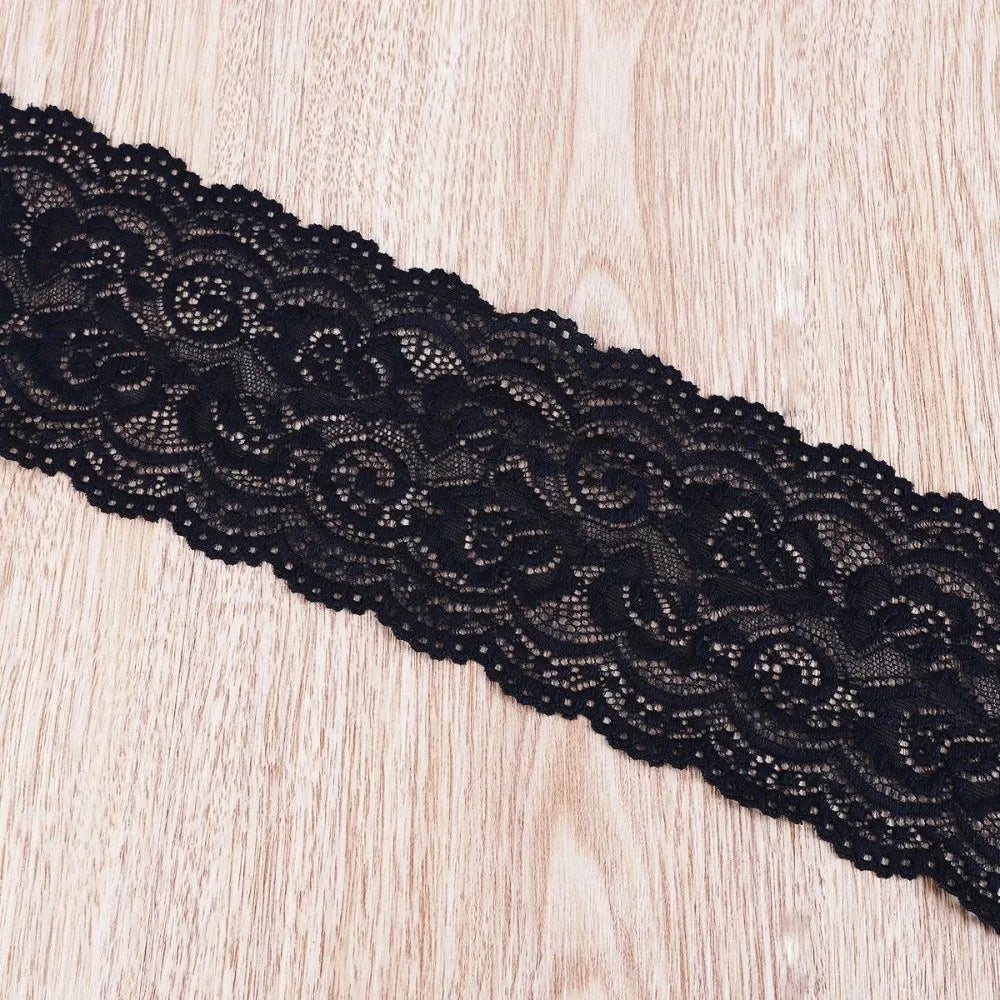 2-Yard Elastic Floral Lace Trim – Hollow Polyester Ribbon Black White
