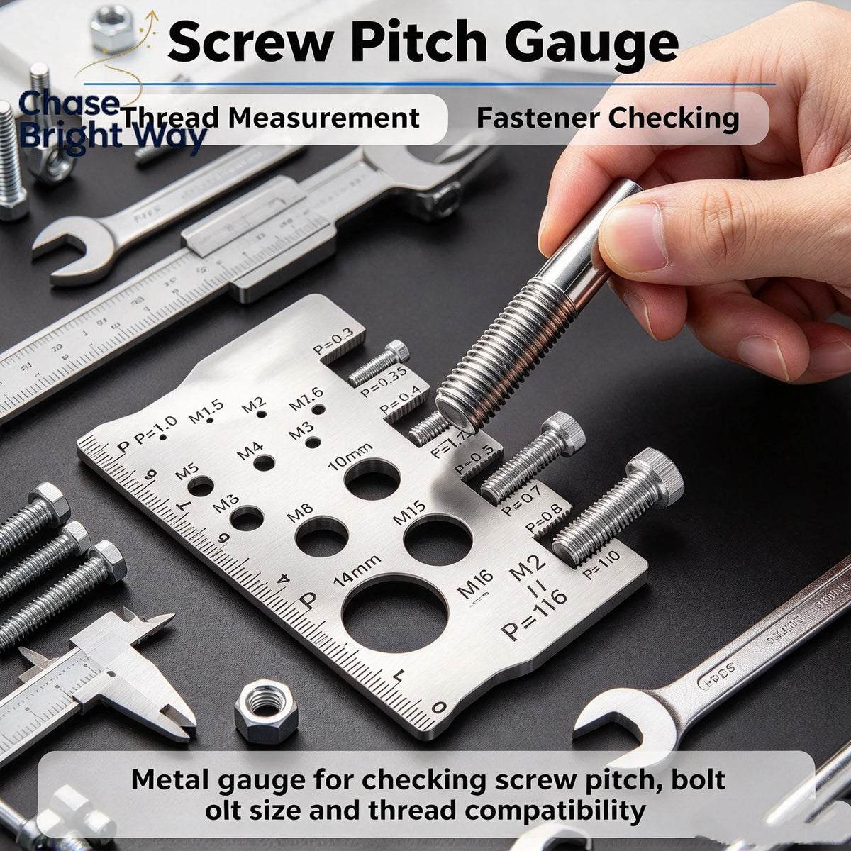 Stainless Steel Screw Thread Pitch & Diameter Gauge – M12