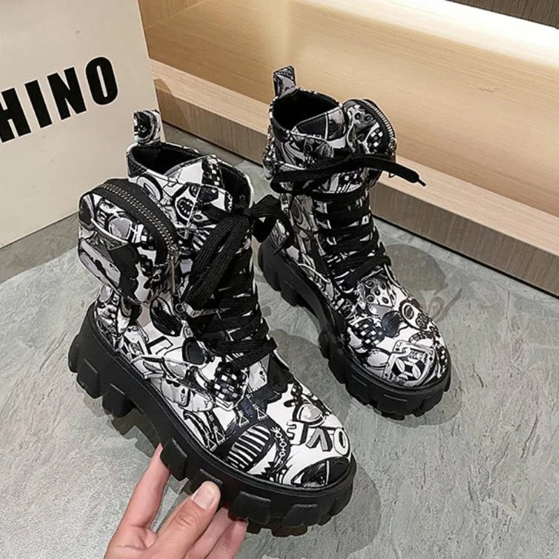 Women's Gothic Platform Ankle Boots – Printed Lace-Up Moto Style