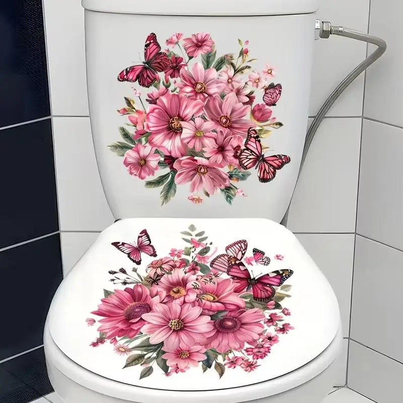 Floral Toilet Lid & Bathroom Wall Sticker – Waterproof PVC