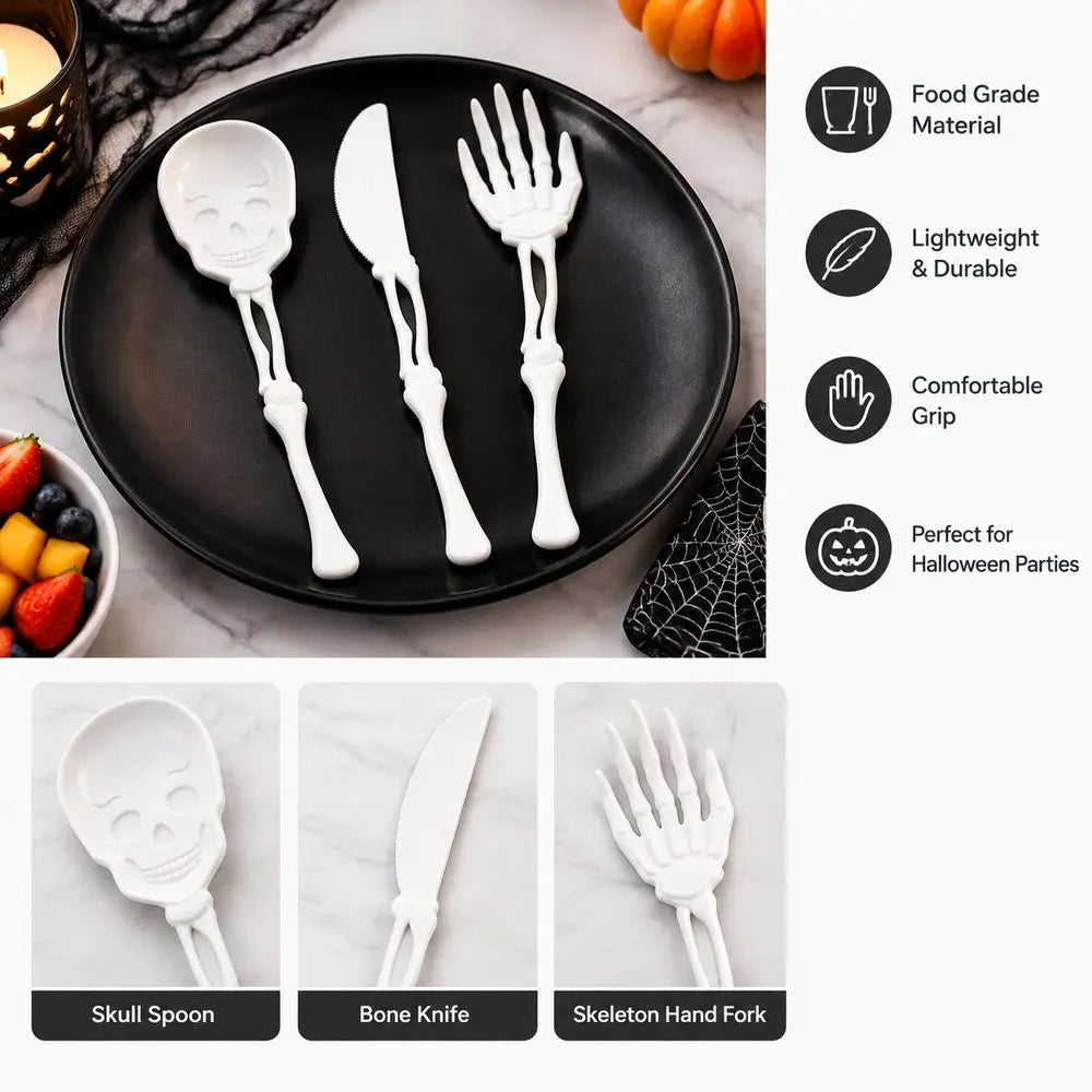 3D Skull Skeleton Cutlery Set – Gothic Party Flatware 3-Piece