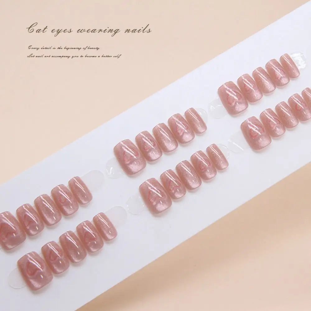 Long Square Cat Eye Press On Nails – French 24pc Set