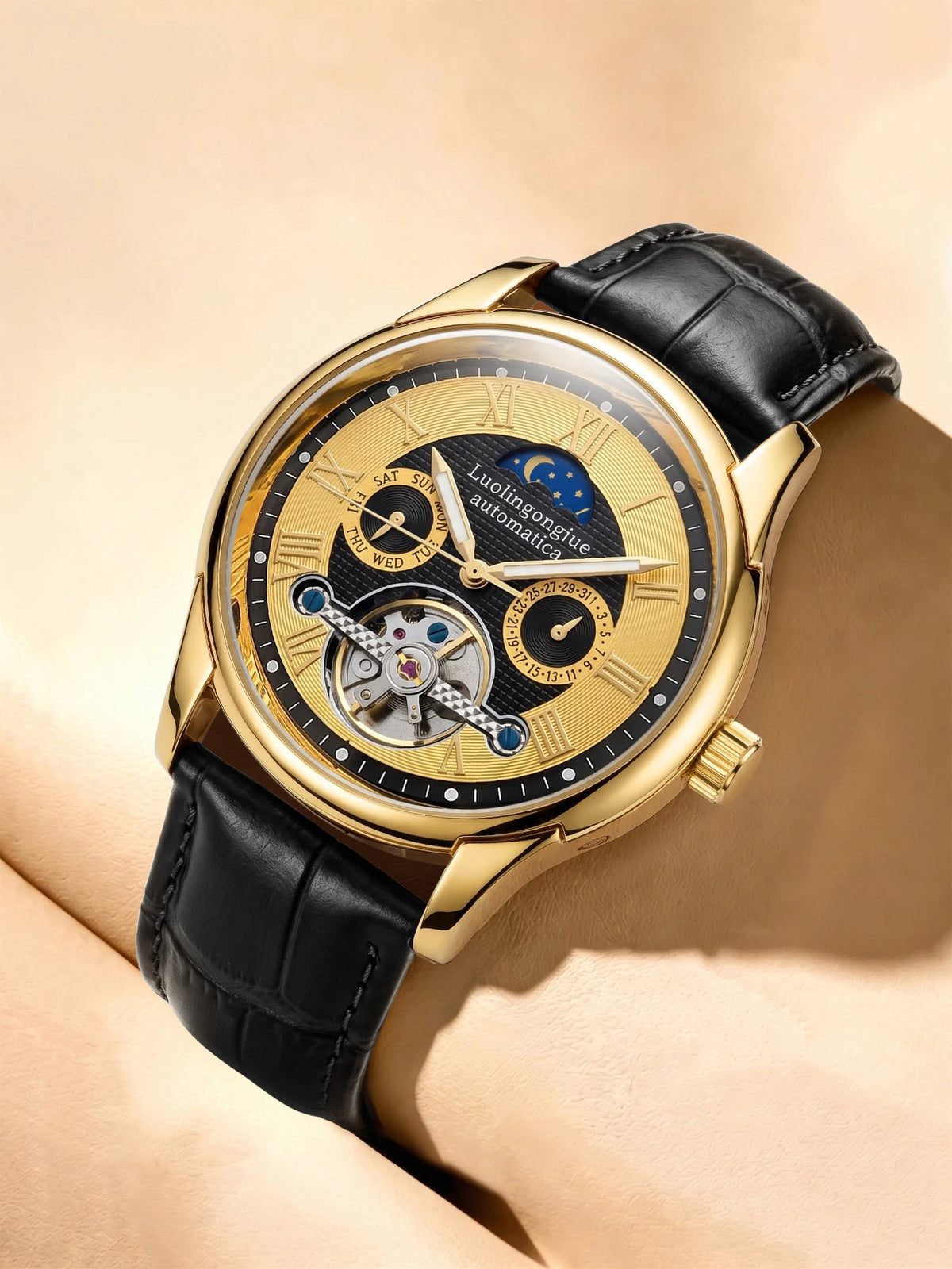 Skeleton Automatic Men's Watch – Moon Phase & Roman Numeral