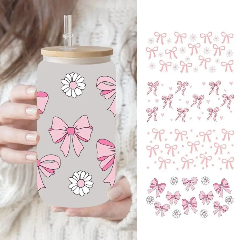 UV DTF Pink Bow Sticker – Waterproof Wrap for 16oz Glass Cups