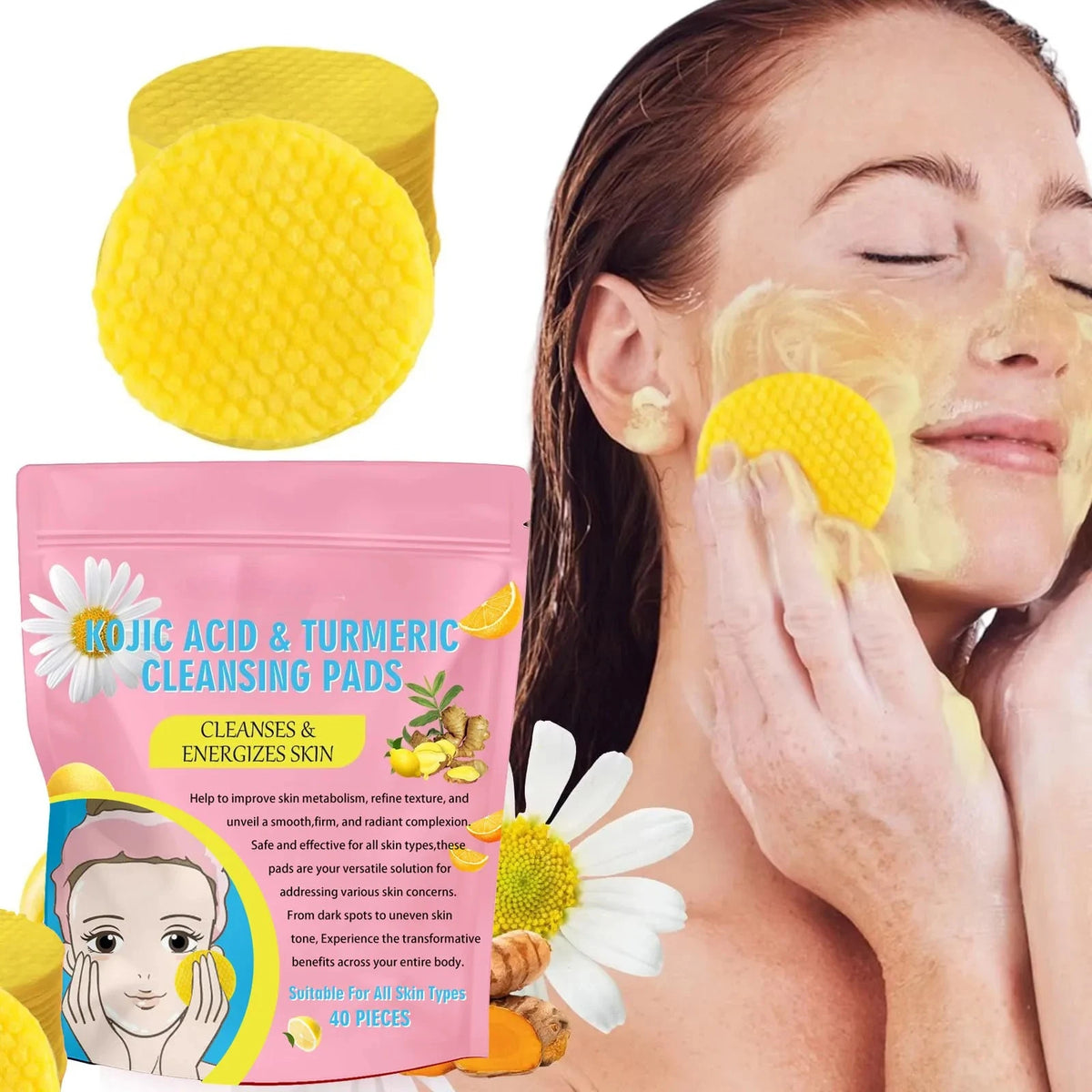 Turmeric Kojic Acid Cleansing Pads – 40-Pack Exfoliating Facial