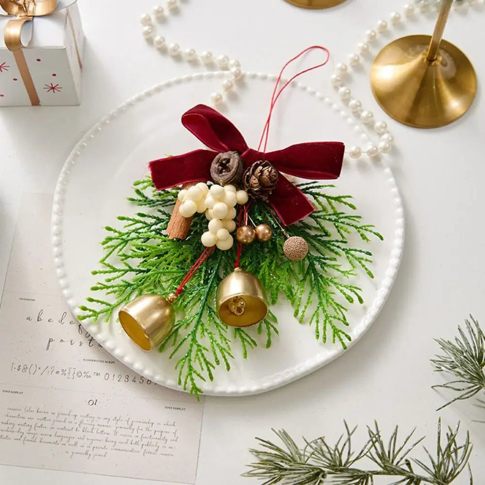 Red Velvet Bow Christmas Bell Ornament | Pine Cone Pendant