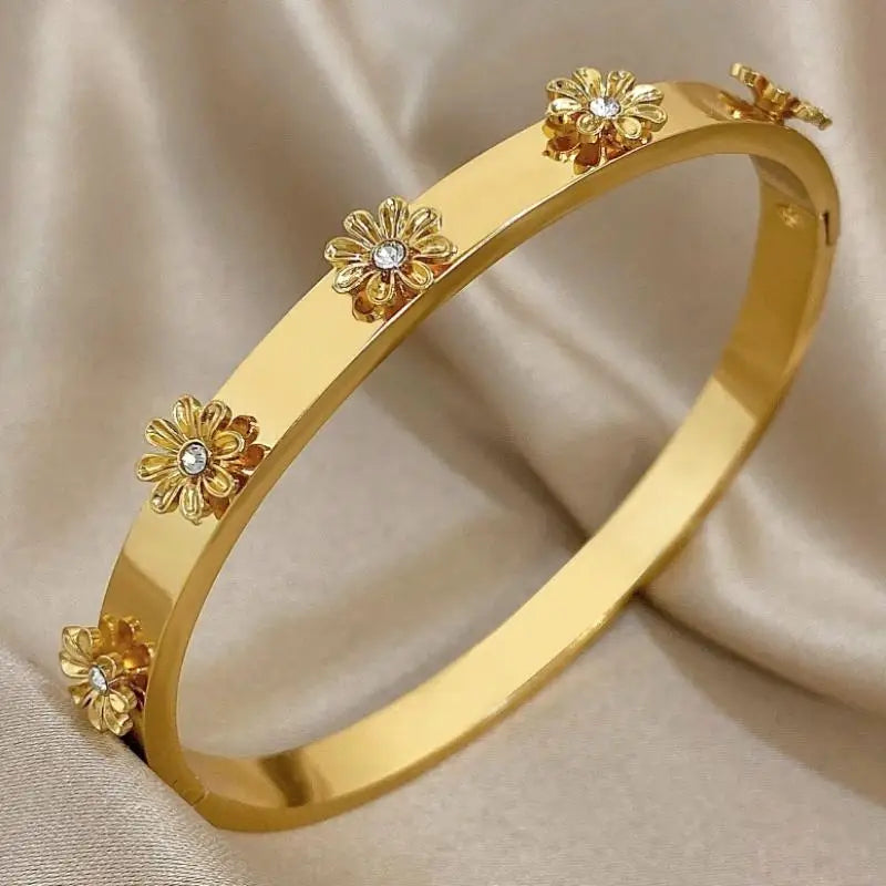 Titanium Steel Flower Rhinestone Cuff Bangle Bracelet for Women