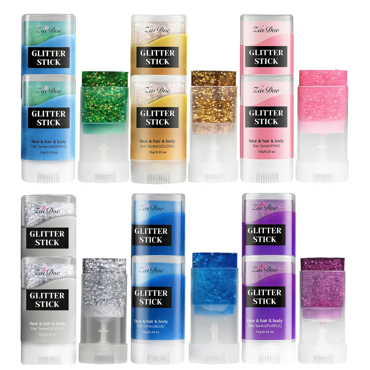 ZaiDoc 12pc Glitter Sticks – 6 Colors Face Hair Body Shimmer