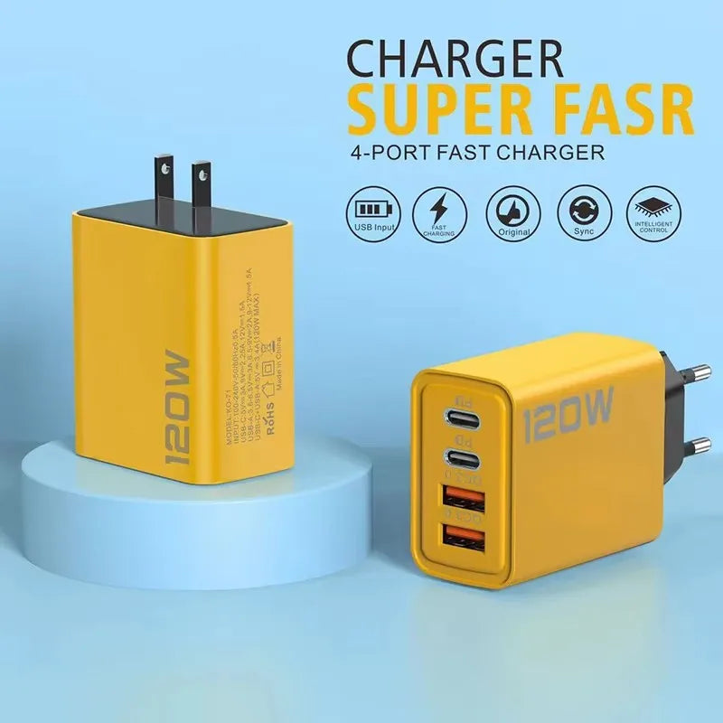 4-Port 120W USB-C PD Fast Charger – Quick Charge 3.0 Adapter