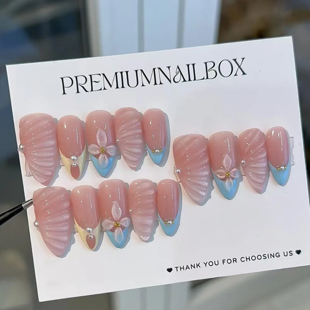 24-Piece Almond Press On Nails – Misty Blue Floral French Style