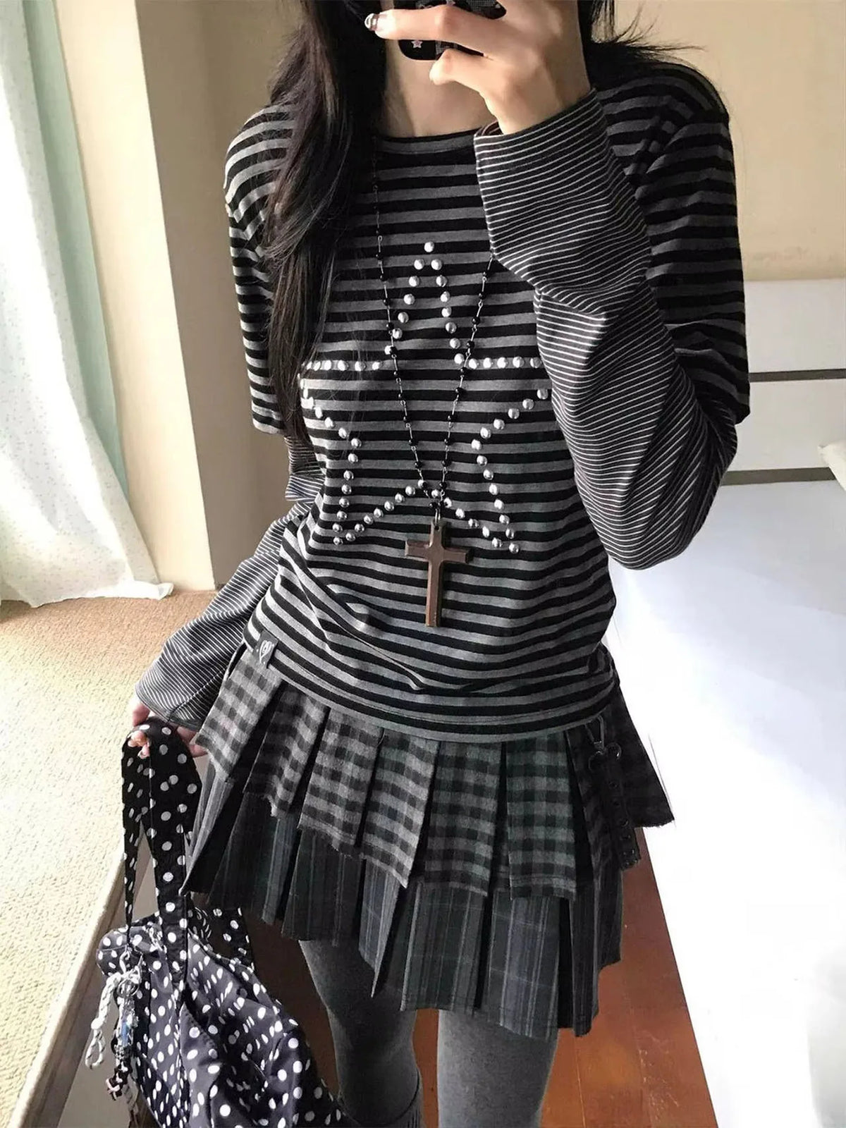 Women's Y2K Rhinestone Star Striped Long Sleeve Slim Fit Tee