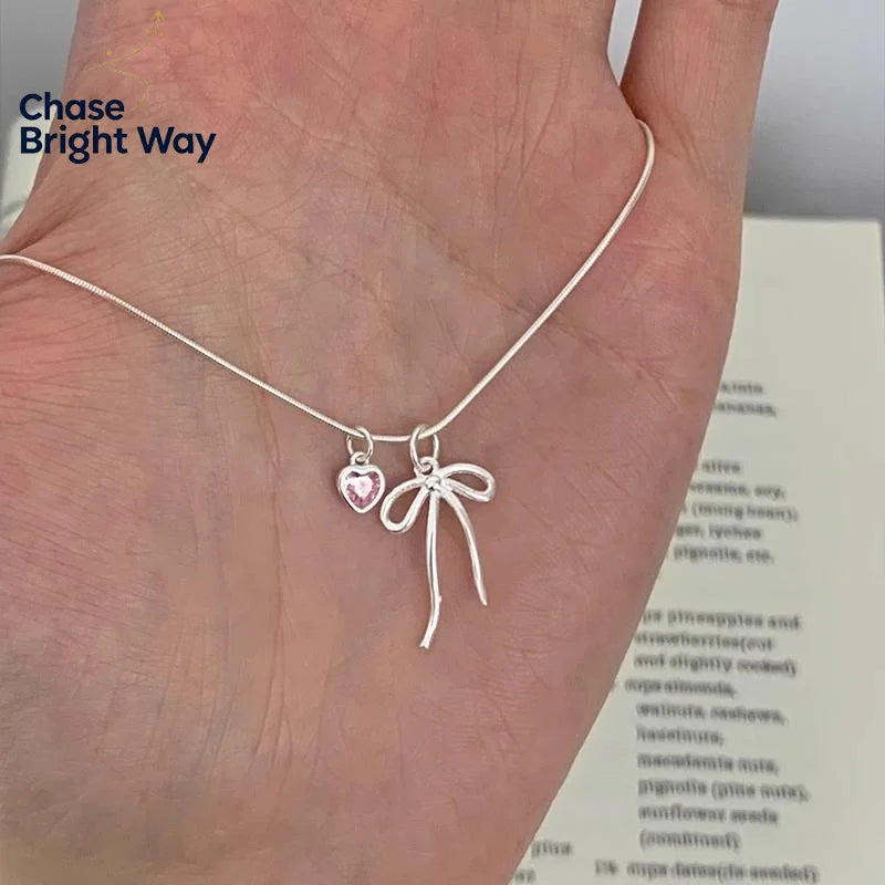 Pink Zircon Bow Pendant Necklace – Adjustable Chain for Women