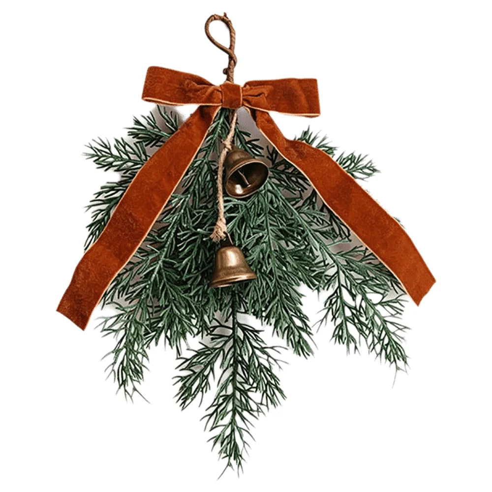 Red Velvet Bow Artificial Pine Branch Christmas Swag Ornament