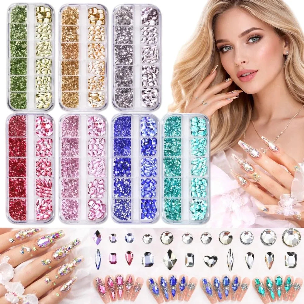 12-Grid 3D Nail Art Rhinestones – Mixed Flatback Gems & Charms