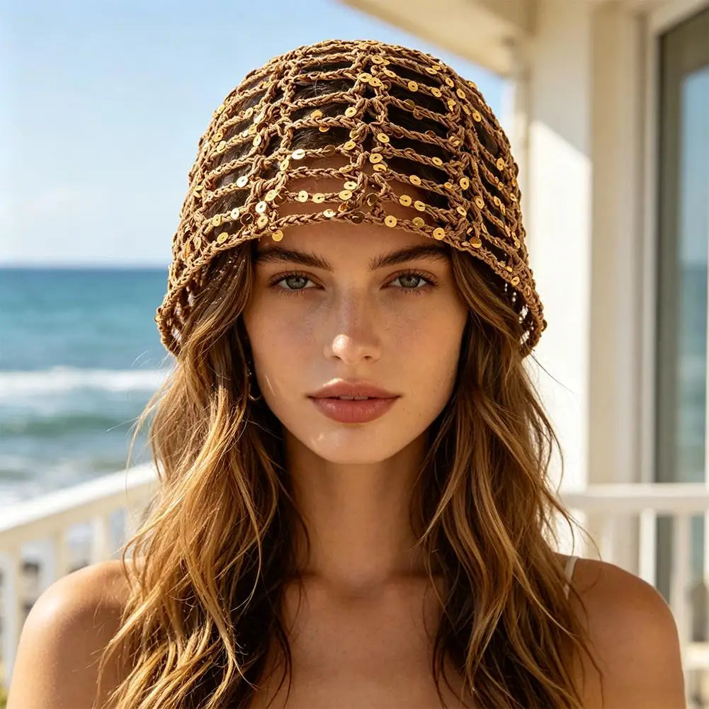 Y2K Sequined Crochet Fishnet Hat – Women's Summer Pullover Cap