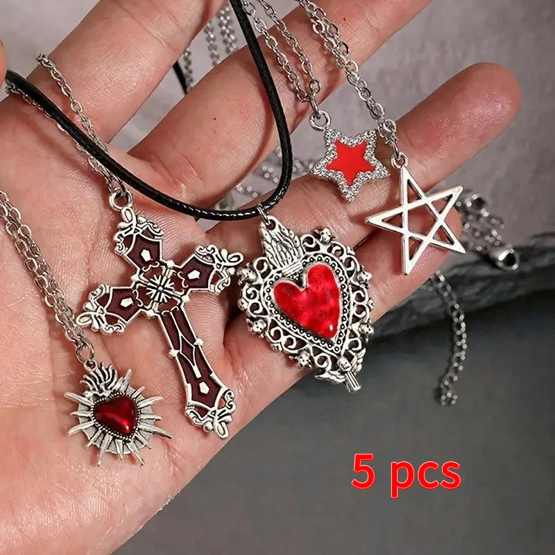 Gothic Pendant Necklace Set – 5 Pcs Heart, Bat & Cross