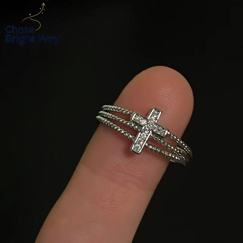 Y2K Vintage Cross Adjustable Ring – Silver Cubic Zirconia