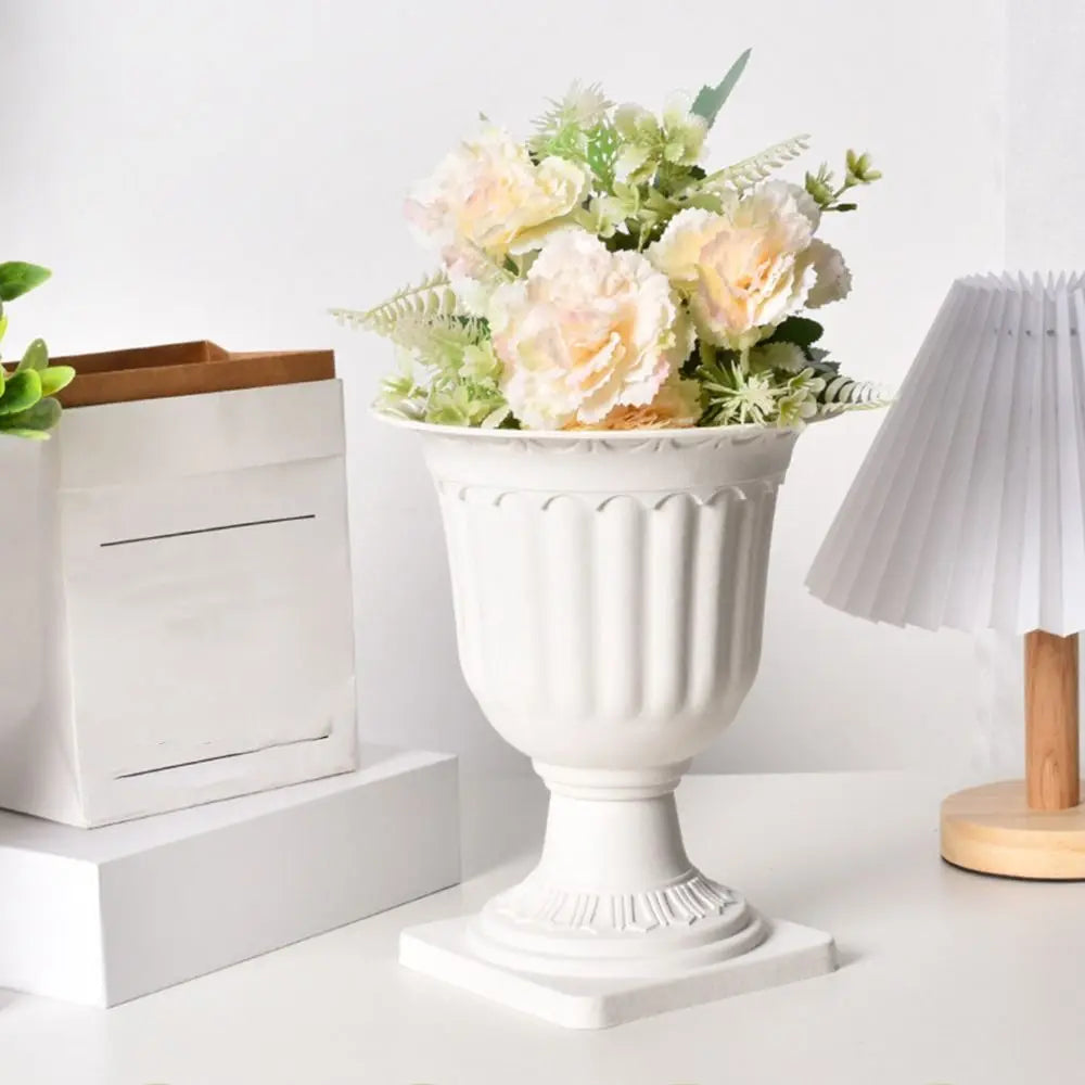 Roman Pedestal Flower Vase Planter – White Plastic Set of 2