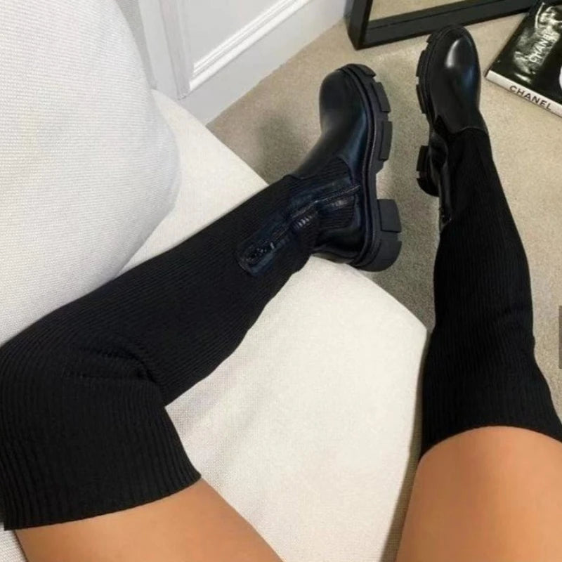 LEDP Women's Over-The-Knee Stretch Platform Sock Boots