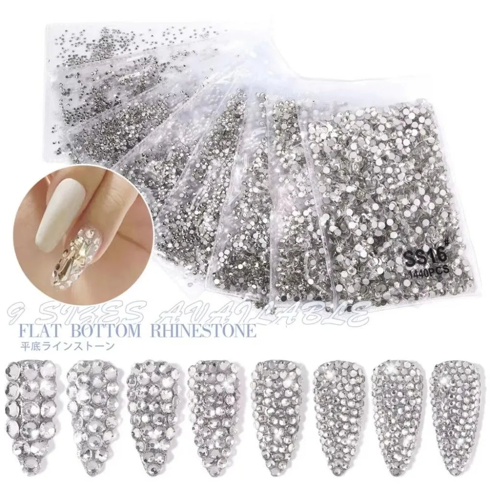 1440-Piece Glass Nail Rhinestones – Flat Back AB Gems