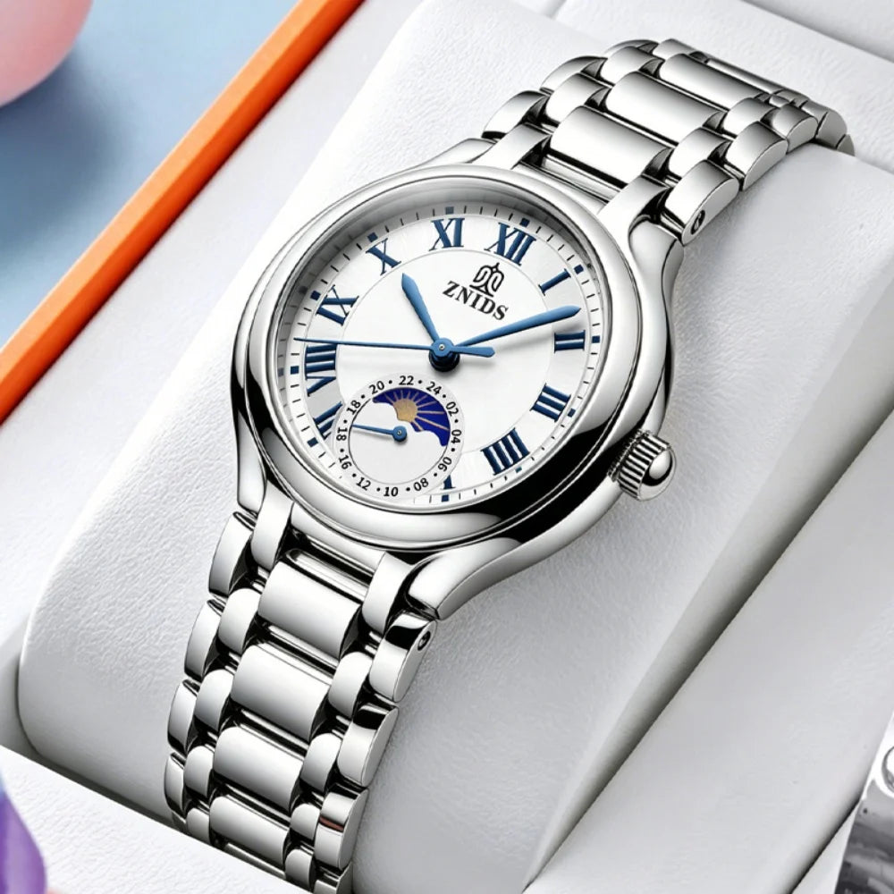Women's Quartz Watch – Moon Phase Roman Numeral Steel Band