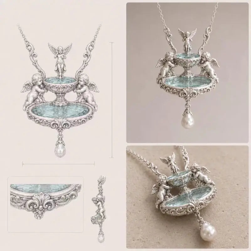 Vintage Angel Pendant Necklace – Baroque Pearl & Enamel Chain