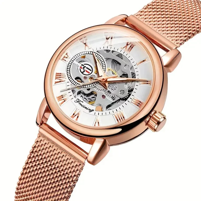 Women's Rose Gold Mechanical Watch – Mesh Band & Roman Dial