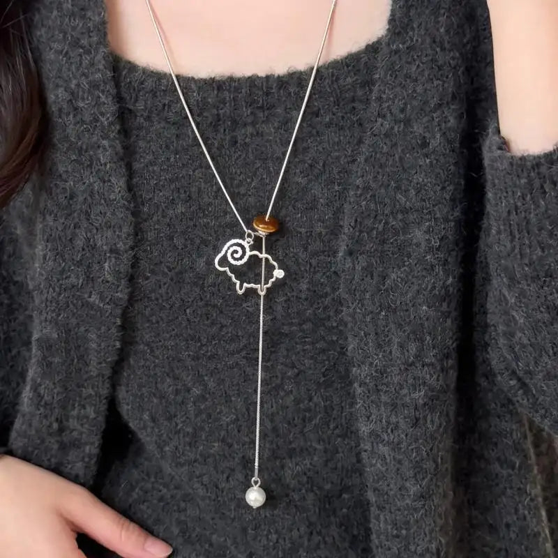 Women's Lamb Lariat Necklace – Tiger's Eye & CZ Pendant