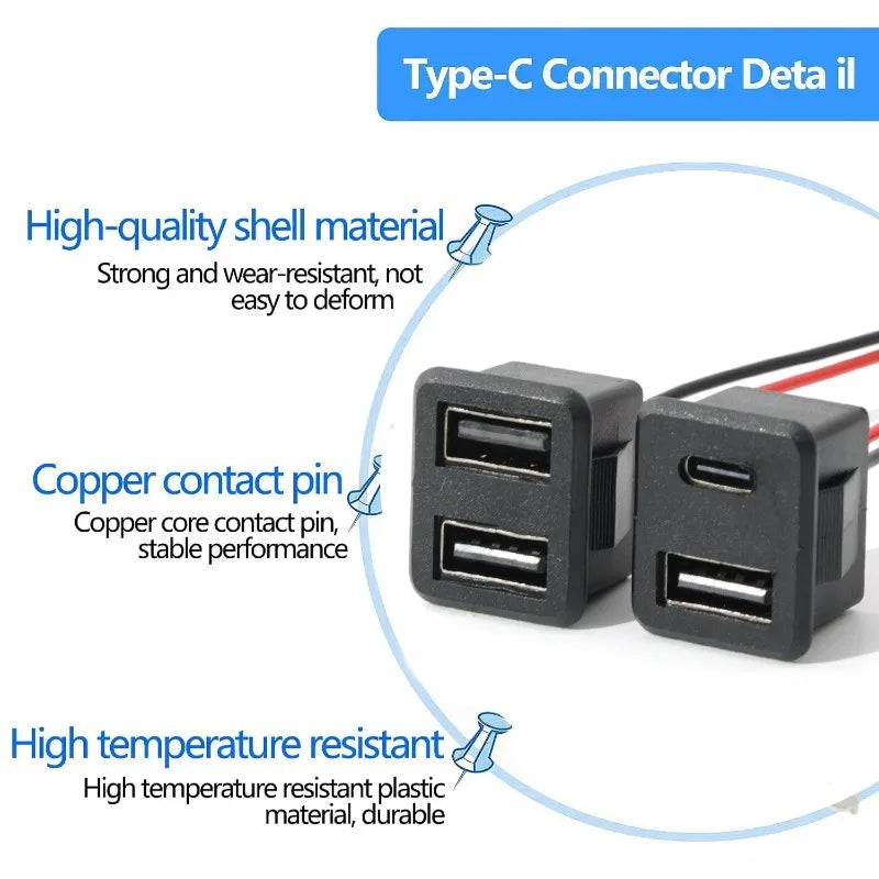 Dual USB Type-C Car Charger Socket 12V/24V Fast Charging Port