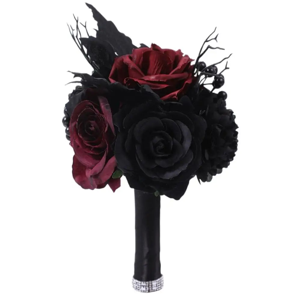 Gothic Black Burgundy Bridal Bouquet – Silk Rose Wedding Flowers