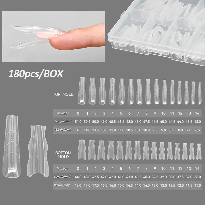 180pcs Dual Form Nail Extension Molds – 15 Sizes, Almond & Coffin