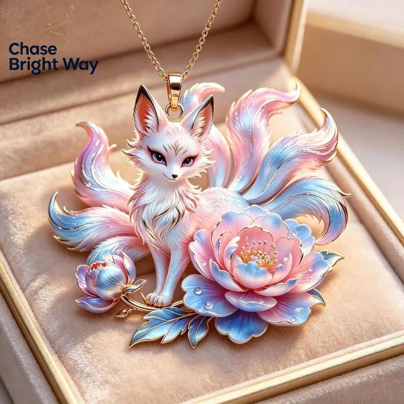 Nine Tailed Fox & Peony Pendant Necklace – Nickel Free
