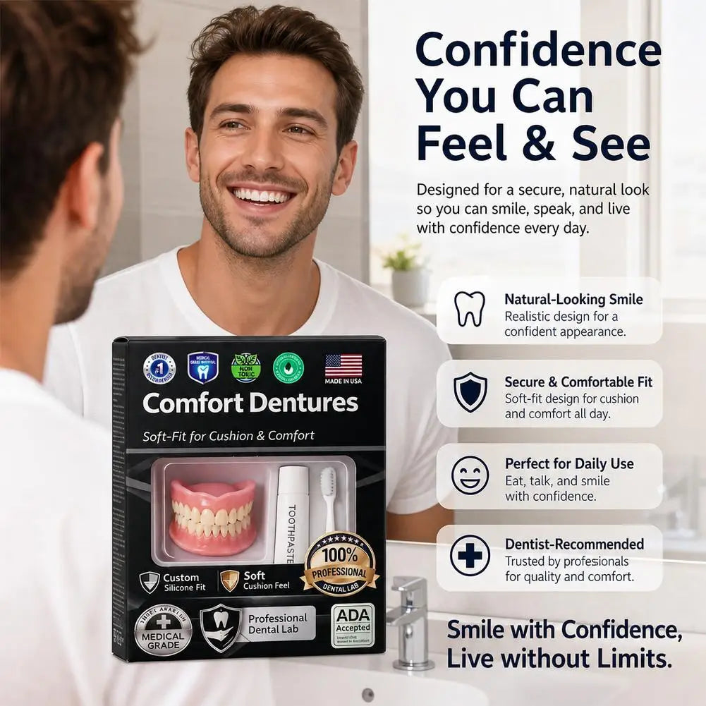 Silicone Denture Set – Upper & Lower False Teeth Kit + Brush