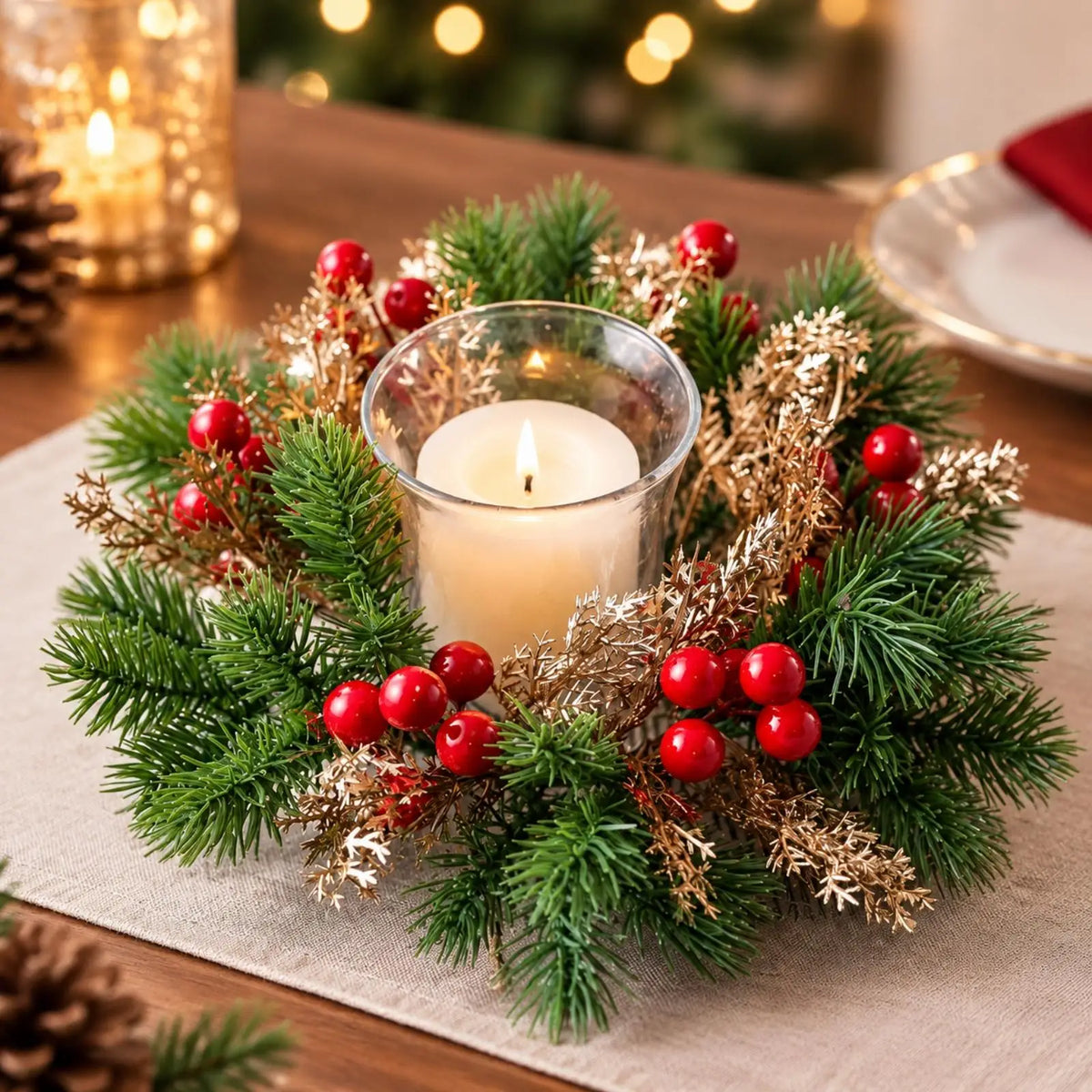 Mini Christmas Wreath Tabletop Centerpiece & Glass Candle Holder